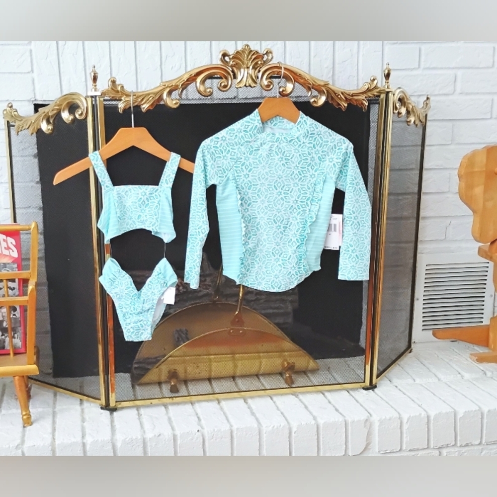 Kids' Aqua Printed Long-Sleeve Rash Guard Swimsuit Set